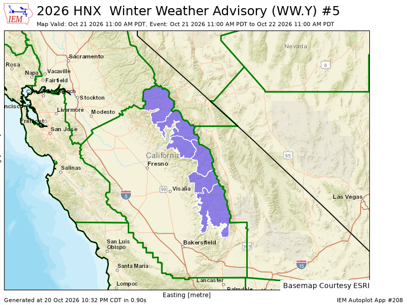 iembot_hnx's tweet photo. HNX continues Winter Weather Advisory valid at Oct 21, 11:00 AM PDT for Kaiser to Rodgers Ridge, Kings Canyon NP, Sequoia NP, South End of the Upper Sierra, Upper San Joaquin River, Yosemite NP outside of the valley [CA] till Oct 22, 11:00 AM PDT https://t.co/0QJZ5zuK43 https://t.co/wEywIi3Pgt
