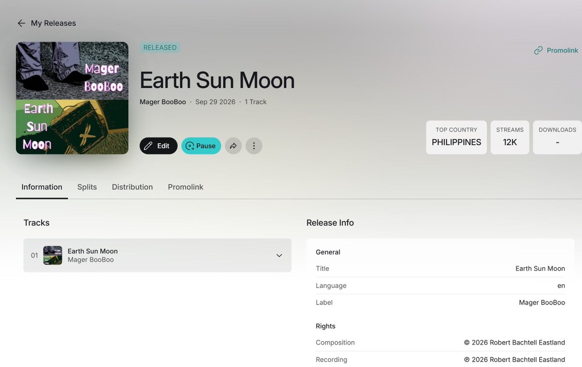 EastlandEnglish's tweet photo. πππThe Mager BooBoo song Earth Sun Moon has over 12,000 streams on Spotify, thanks to @AndrewE_Dongalo and his playlist: All Songs Andrew E. Thank you Andrew E and his peeps in the Philippines for raising my popularity to 33! πππ #altpop #indierock #altrock #psychedelicrock https://t.co/YQlolnPfZA