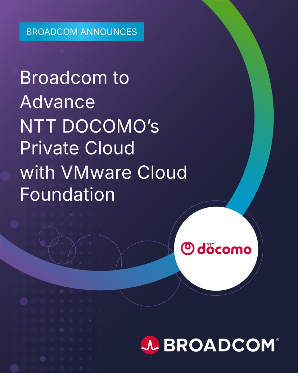 VMware's tweet photo. Broadcom has signed a 10-year agreement with NTT DOCOMO to advance its private cloud with VCF. With VCF and vSphere Kubernetes Service (VKS), DOCOMO aims to achieve continuous availability, proactive security, and faster delivery for new digital services. https://t.co/6pcrrLigW9 https://t.co/v2pwn7osvD