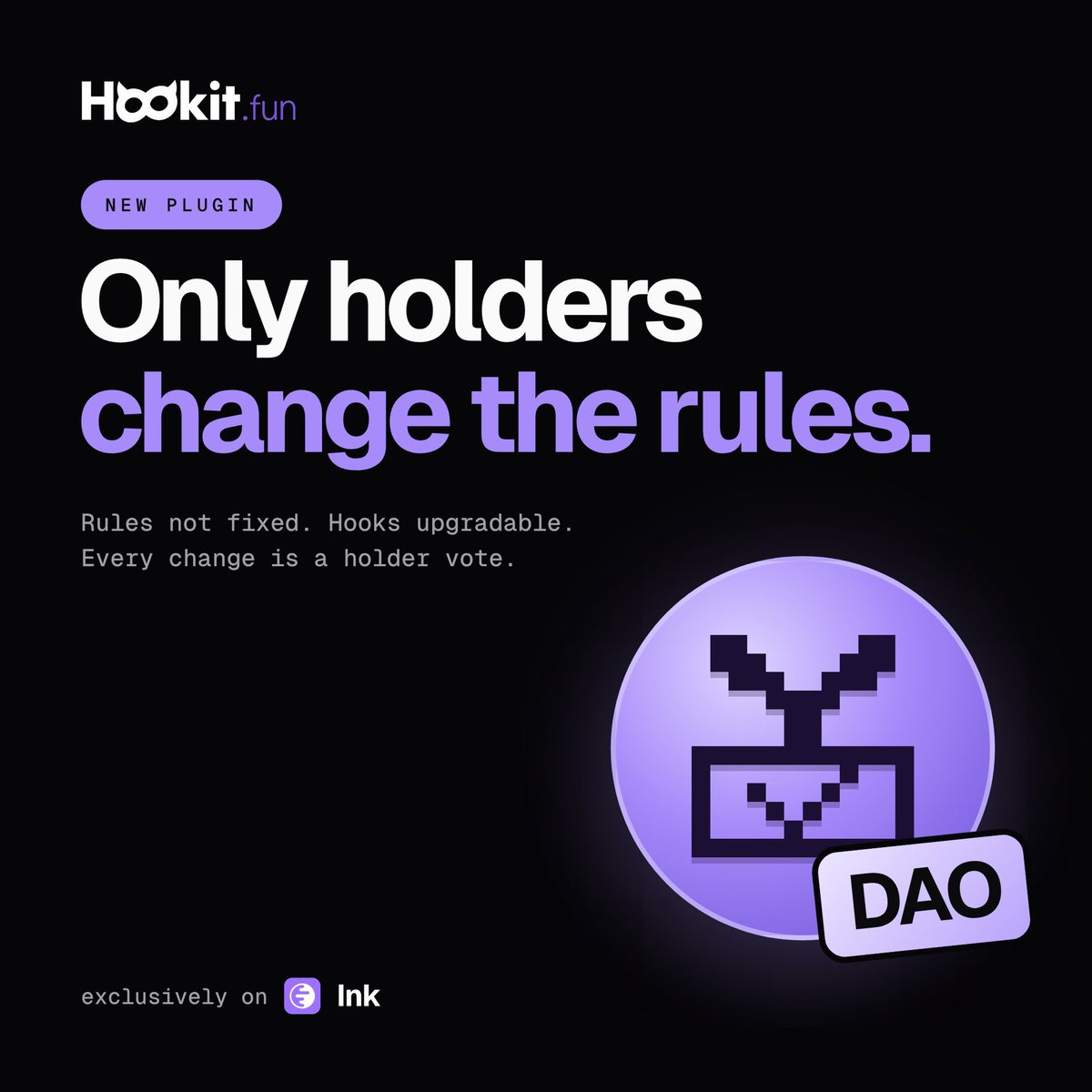 hookitfun's tweet photo. DAO module is live

Only the holders can change the rules. Not the creator.

Launch a coin where the rules aren't fixed and the hooks can be upgraded, but every change goes through a holder vote.

Holders propose a new fee, a new split or a new hook, then vote with the coins they hold.

If the vote passes, the change goes live on-chain.

Only on https://t.co/lAgpHeCPjz
