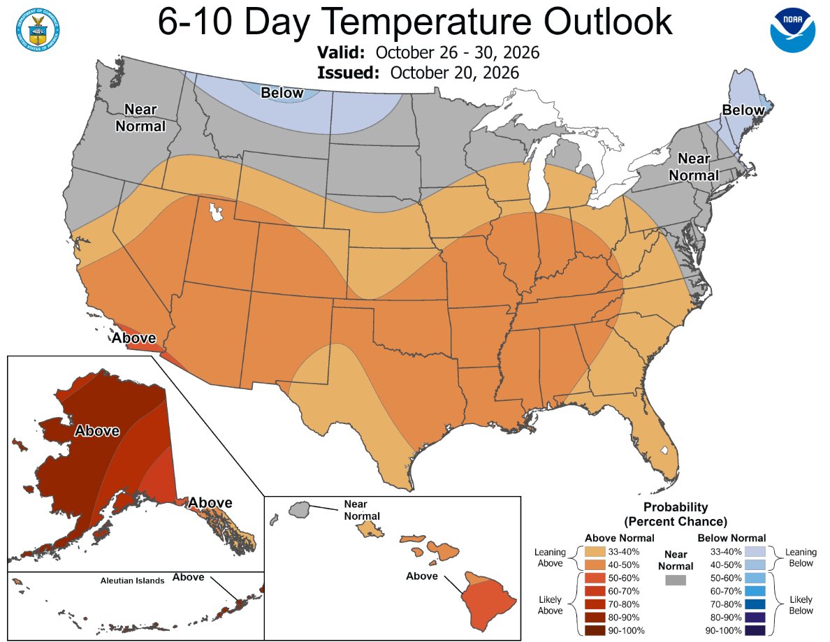 wxornotBG's tweet photo. October is running out of time to get its act together. After a stretch of temperatures that have felt more like late summer than fall, WABBLES still seems to be running a low-grade fever for this time of year. 

Sure, it may feel much more comfortable outside, but WABBLES is still a little warmer than normal. Climatologically, October is supposed to cool down as the month goes on. At the beginning of the month, average highs hang around the mid-70s. Then by Halloween, we should be talking about highs in the 60s. 

Instead, October just doesn't look ready to flip the script just yet. With temperatures still hanging around the 70s to end the week, the Climate Prediction Center is favoring above-normal temperatures for WABBLES heading into next week.  

October, you've got about a week and a half left. Welcome to Kentucky, y'all!