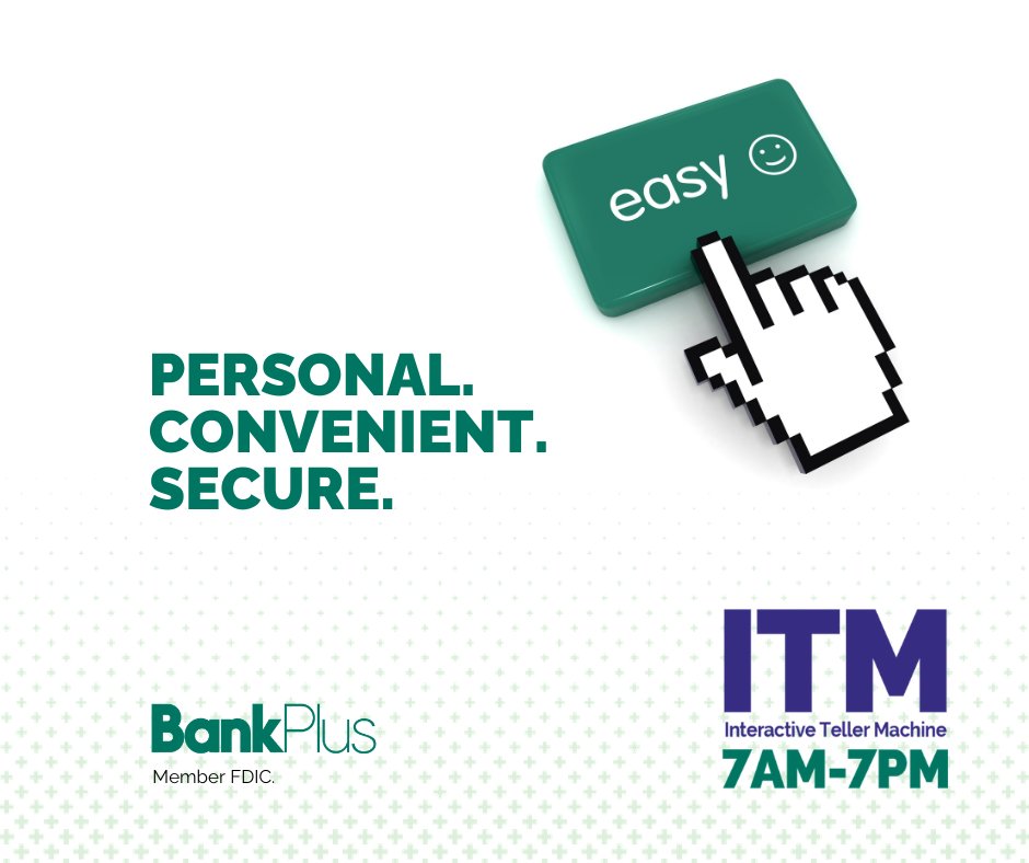 BankPlus's tweet photo. A better way to bank starts here. Our ITMs give you face-to-face service, faster transactions, and a smoother experience. Learn more: https://t.co/L4IFAT92mg https://t.co/MAbq3Og1Lp