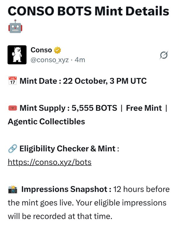 defitaitan's tweet photo. 🤖 Big news for the @conso_xyz community! 🔥

CONSO BOTS mint is coming on October 22 at 3 PM UTC!

🎁 Supply: 5,555 Bots
🆓 Free Mint
⛽ No gas fees required
3 phases: GTD, Impressions Raffle &amp; Public Round.
Make sure your eligible impressions are recorded 12 hours before mint https://t.co/QZe8u5xxHd