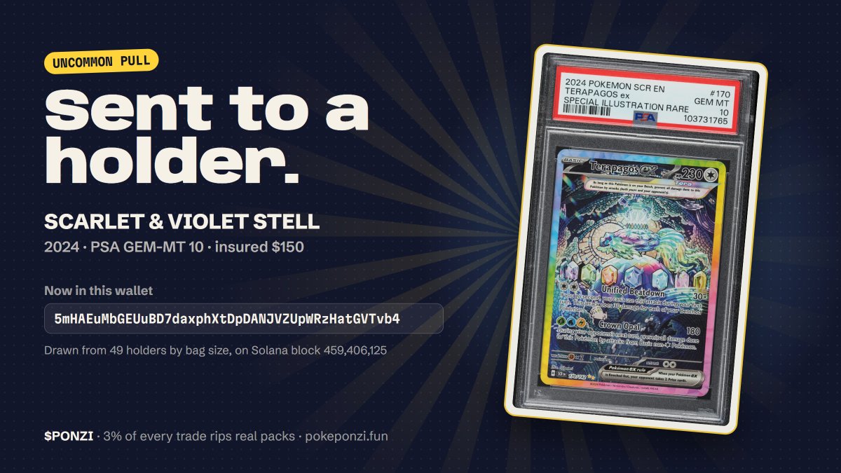 PokePonzisol's tweet photo. Pulled an uncommon: SCARLET &amp; VIOLET STELL, PSA 10, insured at $150.

it's already in a holder's wallet, picked from 49 holders by bag size.

https://t.co/jWMcA2FJmo https://t.co/aCHQVRwMoE