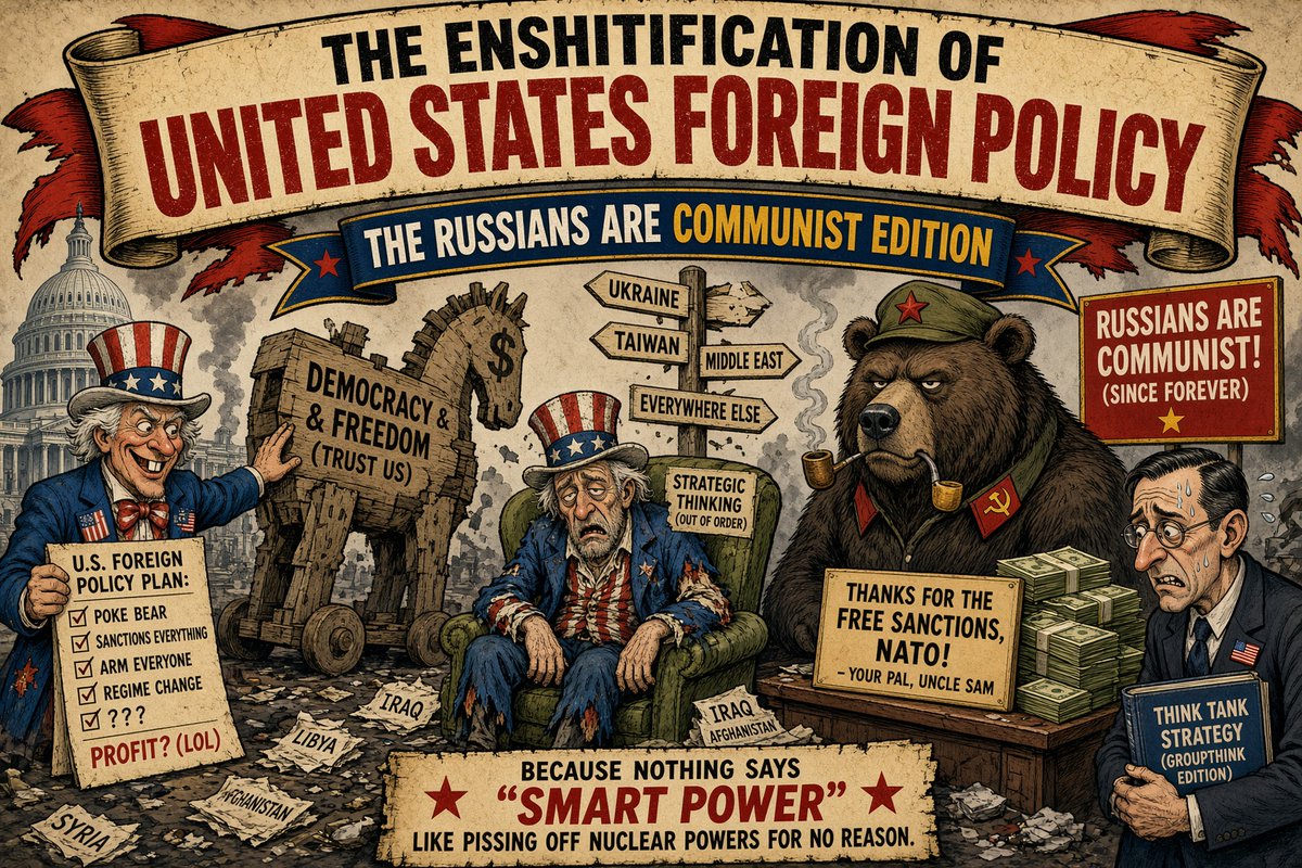 KinderKind68365's tweet photo. Grok Imagine prompt:

The Enshitification of United States Foreign Policy. The Russians are Communist Edition.... https://t.co/viBuIZnlye