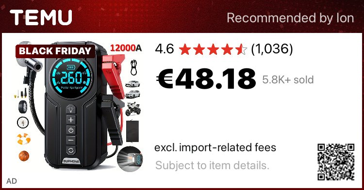 TemuGeekBuy's tweet photo. excl. import-related fees
#Car #Jump #Starter With Air #Compressor Cordless Tire #Inflator , 21800mAh Battery Booster With Power Bank Pack & LED Flashlights, 12V Auto Jumper Box For All Gas Or 10.0L Diesel Vehicles
👉 item link: https://t.co/hrvtMf1Ekm
⚠️ please refer to the page display.
Ad.