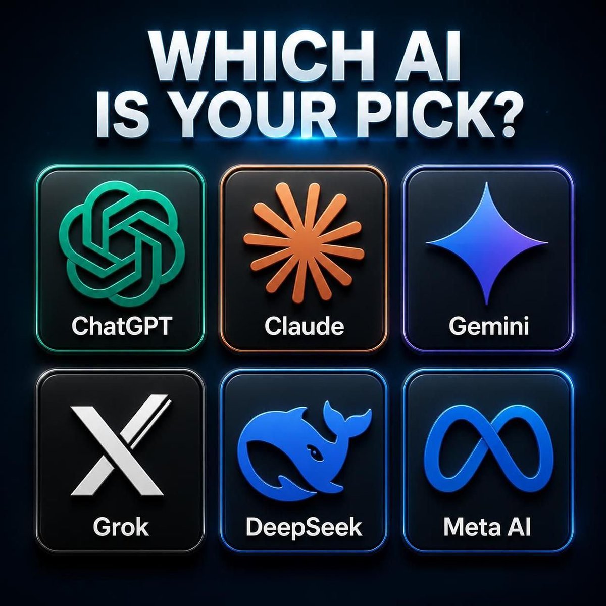 AsiaWhales's tweet photo. CT , which AI do you actually use for work—and why ?!

ChatGPT
Claude
Gemini
Grok
DeepSeek
Meta AI

WHICH AI IS YOUR PICK ? https://t.co/QQY7Zd8xCN
