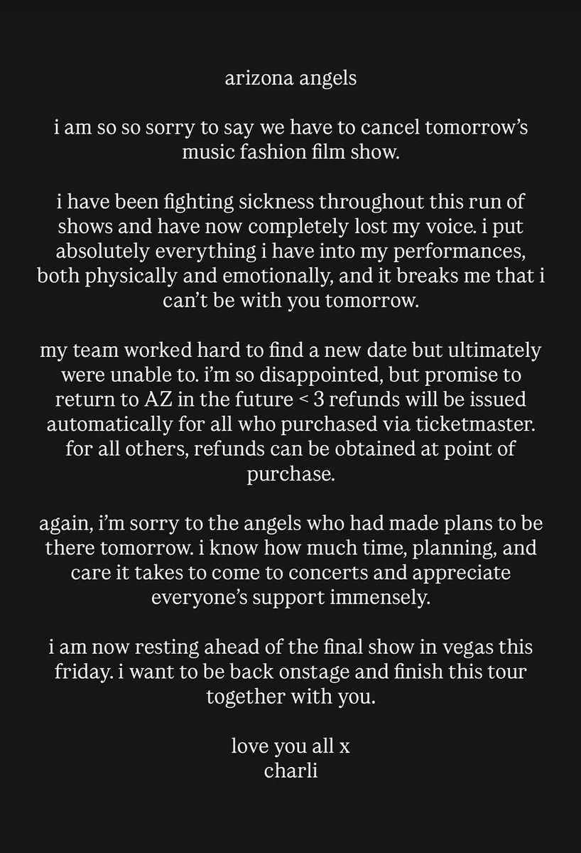 xcxsource's tweet photo. 🚨 Unfortunately due to an illness, the Glendale, Arizona date of the Music, Fashion, Film Tour tomorrow has been canceled. 

We’re sending Charli lots of love and wishing for a speedy recovery! ❤️‍🩹 https://t.co/tCafzR6vac