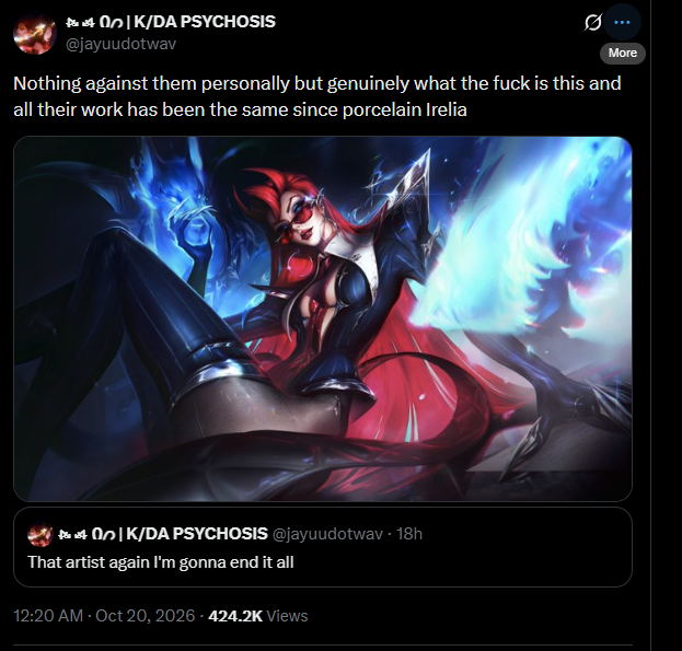 mooncakephel's tweet photo. Ugly personality AND wrong, pick a struggle. 

Alsie Lau is an amazing artist, who has done so many splashes that people loved.

When a face is wrong, or anatomy looks bad, that is RIOT'S fault. NOT the artist's. Riot has the final say, and they make corrections. https://t.co/cWj5X8Bc0X