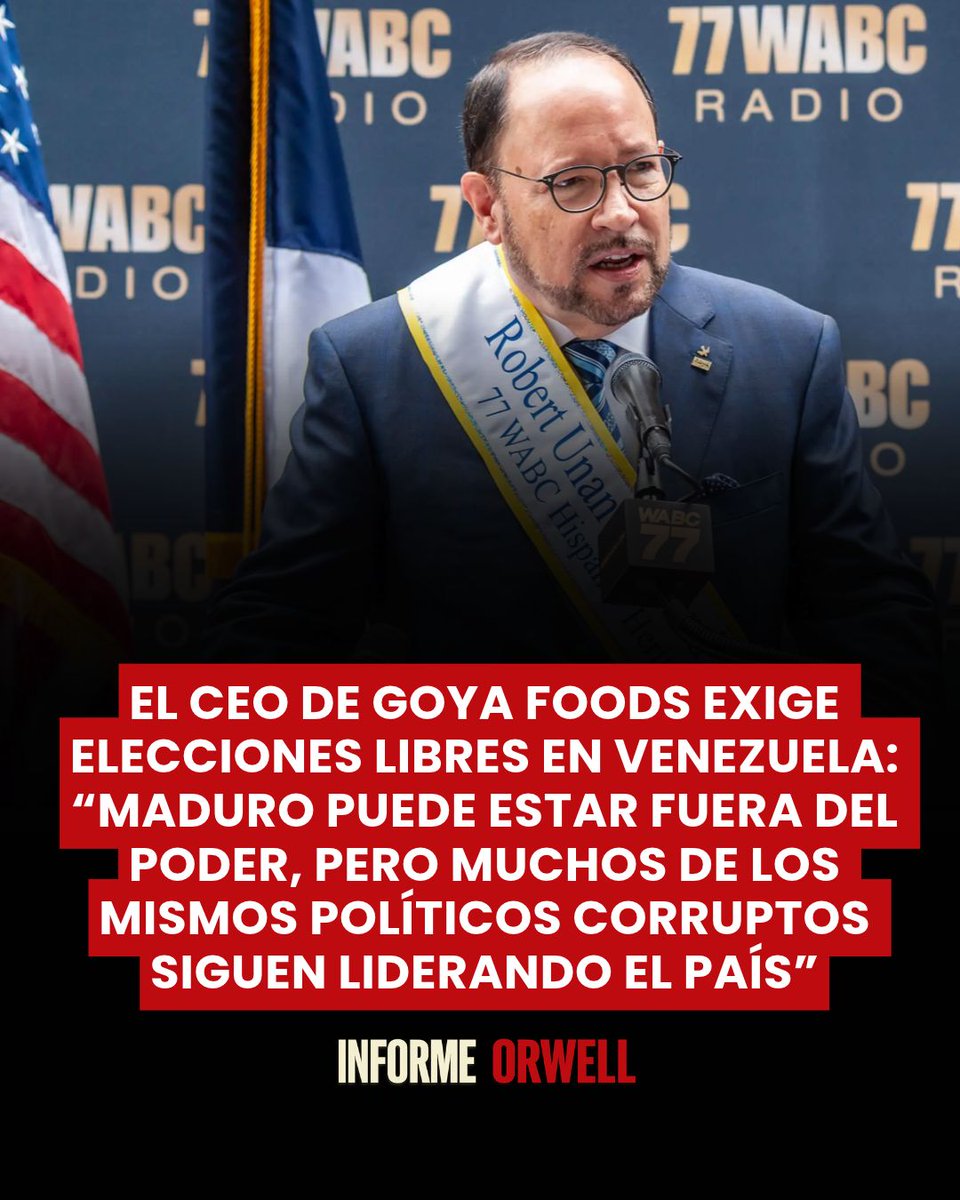 InformeOrwell's tweet photo. 🚨🇻🇪🇺🇸 | Bob Unanue (@BobGOYA1), CEO de Goya Foods, exigió este martes elecciones libres y justas en Venezuela a través de su cuenta en 'X'.

El empresario advirtió que, pese a la captura del exdictador Nicolás Maduro, muchas de las mismas figuras "políticas corruptas" del régimen chavista continúan al frente del país.

"La verdadera pregunta es si los venezolanos tendrán finalmente la oportunidad de elegir a sus propios líderes en elecciones libres y justas", dijo. "El pueblo venezolano ha esperado demasiado por la democracia y un futuro libre de miedo".