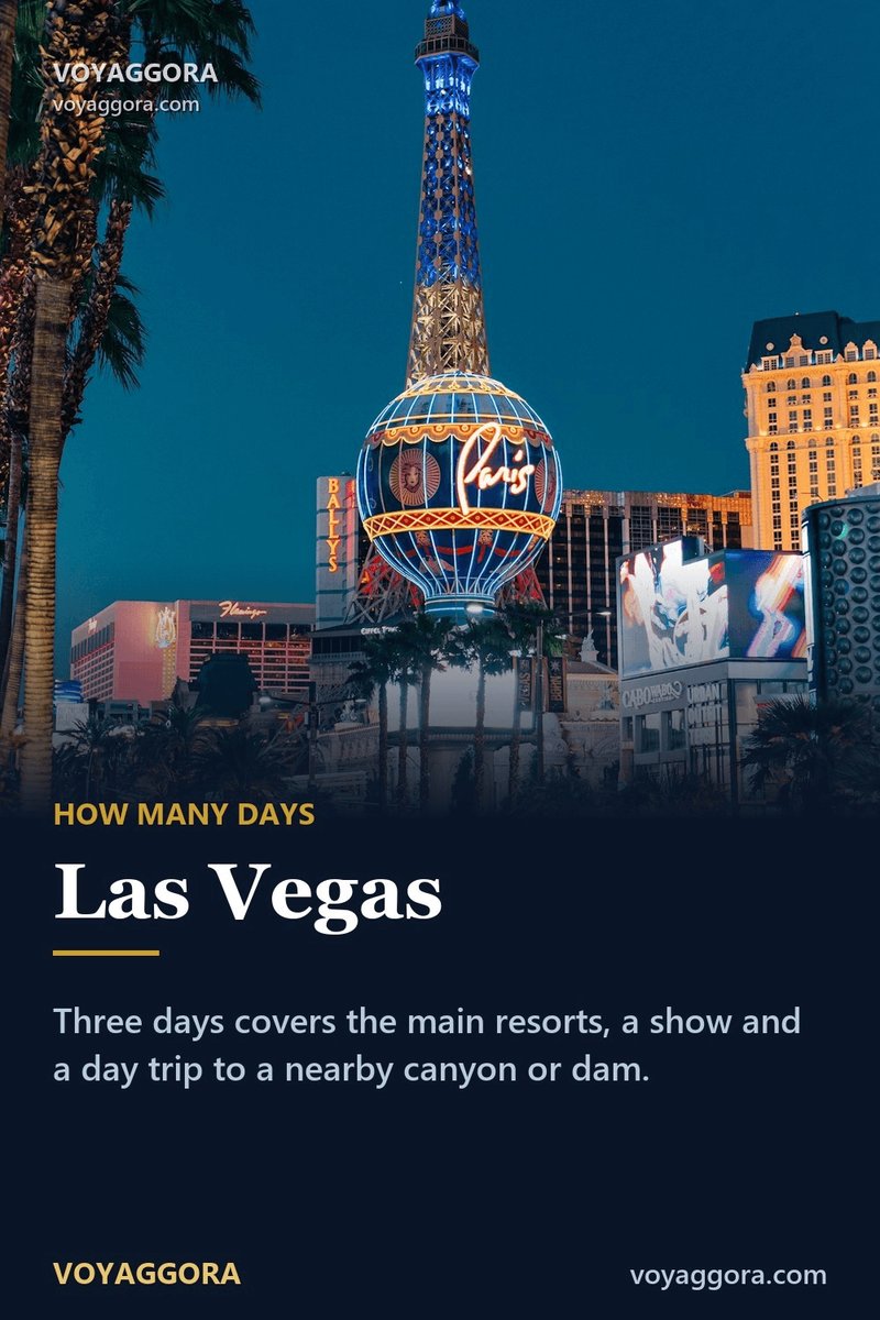 VOYAGGORA's tweet photo. Three days covers the main resorts, a show and a day trip to a nearby canyon or dam.

#Voyaggora #LasVegas https://t.co/vCFTfpj7Os