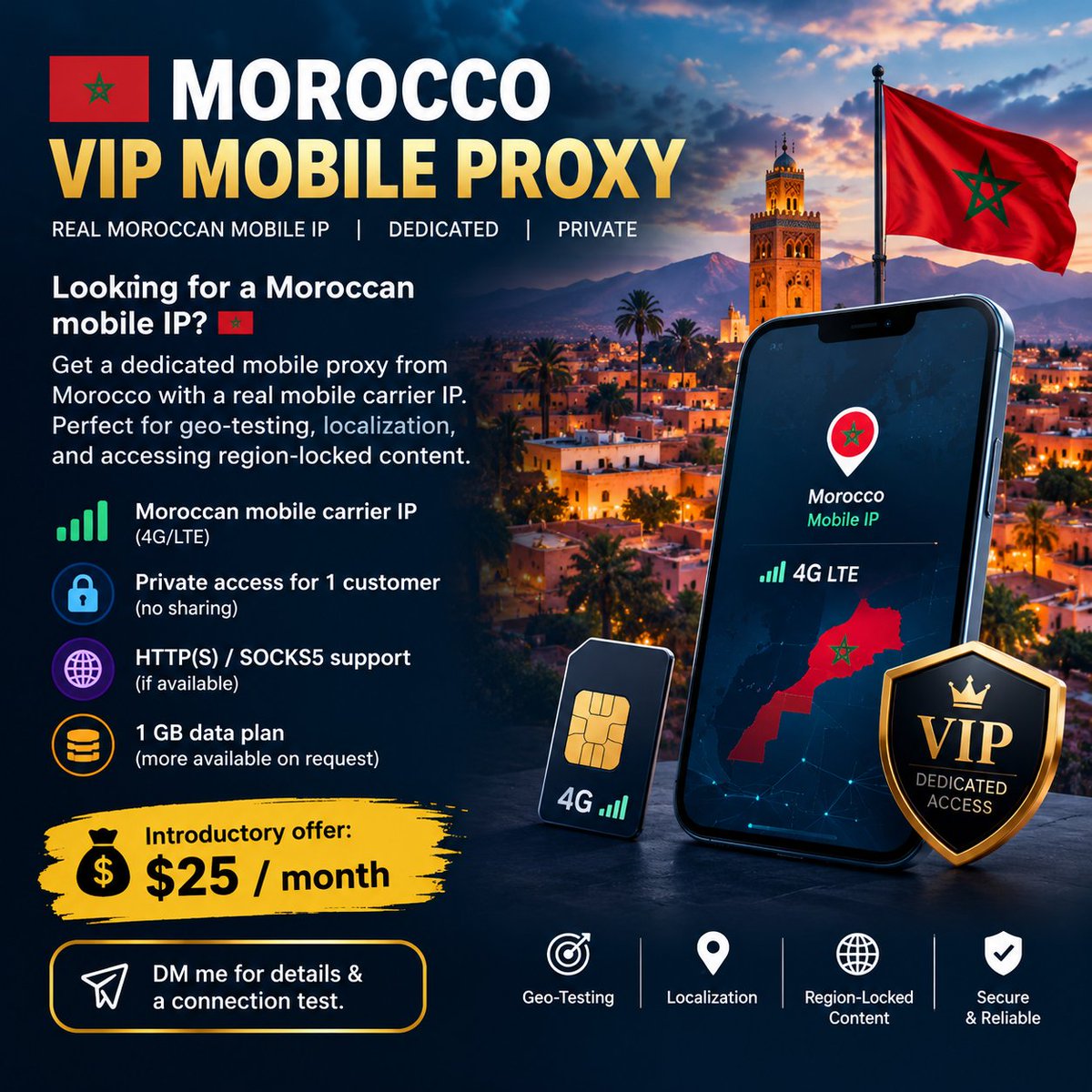 narcoss22's tweet photo. 🇲🇦 Moroccan Dedicated Mobile Proxy

Private Moroccan mobile proxy powered by Maroc Telecom.

📍 Morocco | 📶 1 GB | 💰 $20/GB

Dedicated access for one user.

DM me for details. https://t.co/Yof71BT8Lz