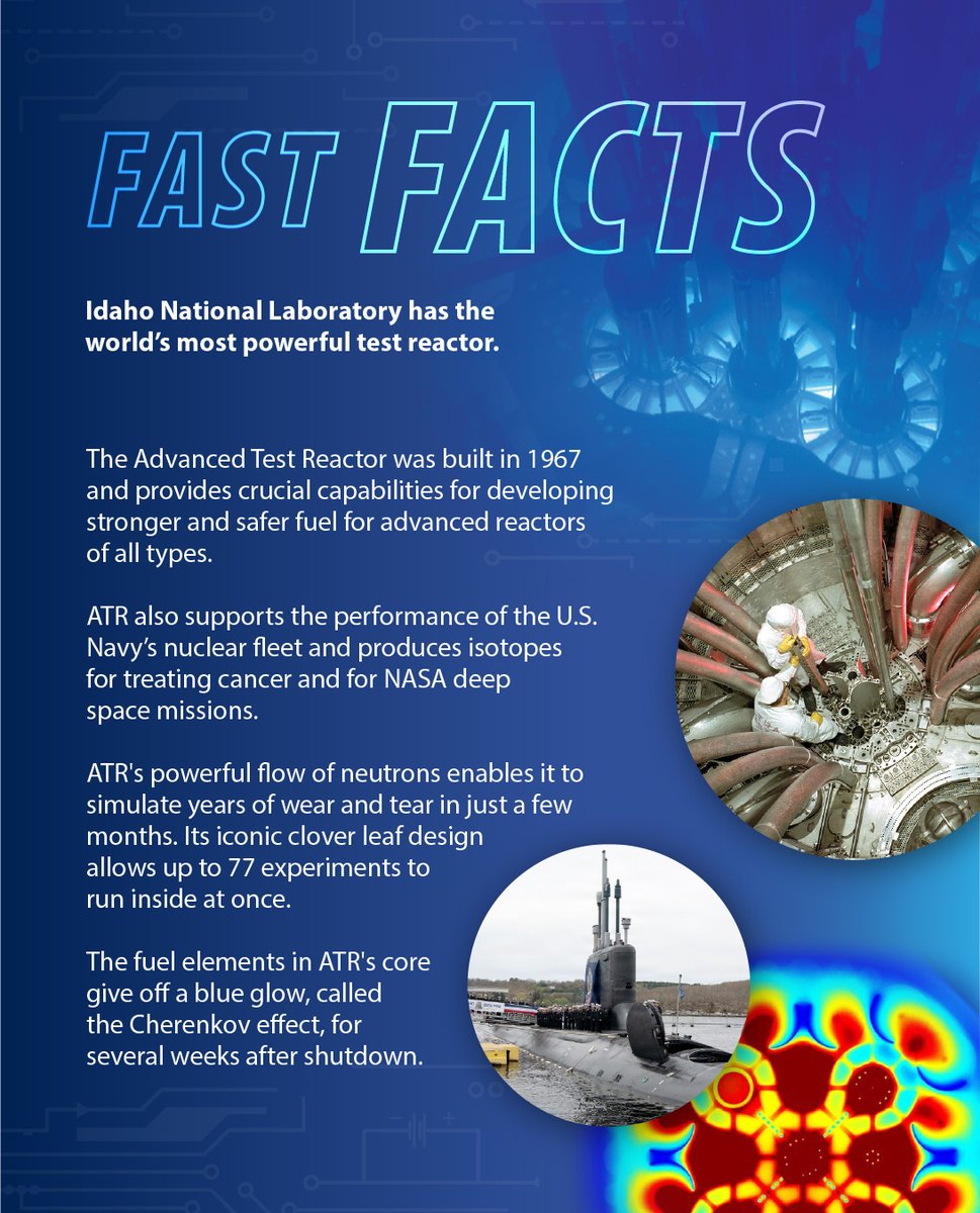 INL's tweet photo. @INL's Advanced Test Reactor is the world's most powerful test reactor, aiding development of stronger nuclear fuel, fortifying @USNavy nuclear fleet performance &amp; more.

Join our Nuclear Science Week events &amp; learn more about ATR:
https://t.co/XzC7fRVlJr
https://t.co/fayTUVJixH https://t.co/ZtxLRlENUl