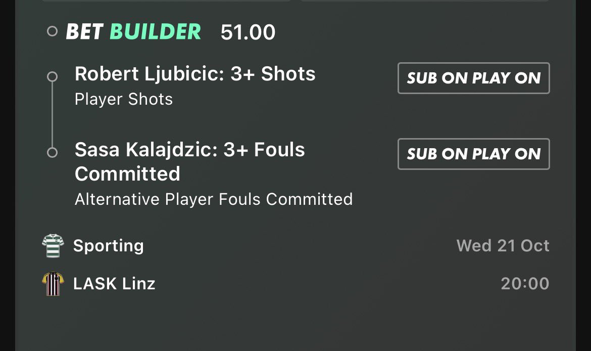 AzzaTips_'s tweet photo. Here’s a free bet from our VIP for one of tonight’s UCL games!

Sporting vs LASK Linz

Think the prices for LASK shots are quite nice, Theyve seen 10+ in 20/20 games and 12-11-40-20 in UCL. Sporting have conceded 7+ shots in 17/20 games and 20/20 UCL games. Think Ljubicic could easily fire some off here. Sasa will be against a back line who only win a combined 1.1 fw but with his numbers recently i think he should easily be able to commit some here.

Sasa Kalajdzic 
1+ in 12/13
2+ in 9/13
3+ in 4/13

Ljubicic Shots
2-0-3-1-2-3-0-1-2-2-4-2-2
1+ in 11/13
2+ in 9/13
3+ in 3/13

RF shots vs Sporting: 3 , 3, 0, 1, 2, 2

ST fouls vs Sporting: 2, 0, 4, 1, 2, 1, 0, 2, 4

Stats provided by @StatsHubCom