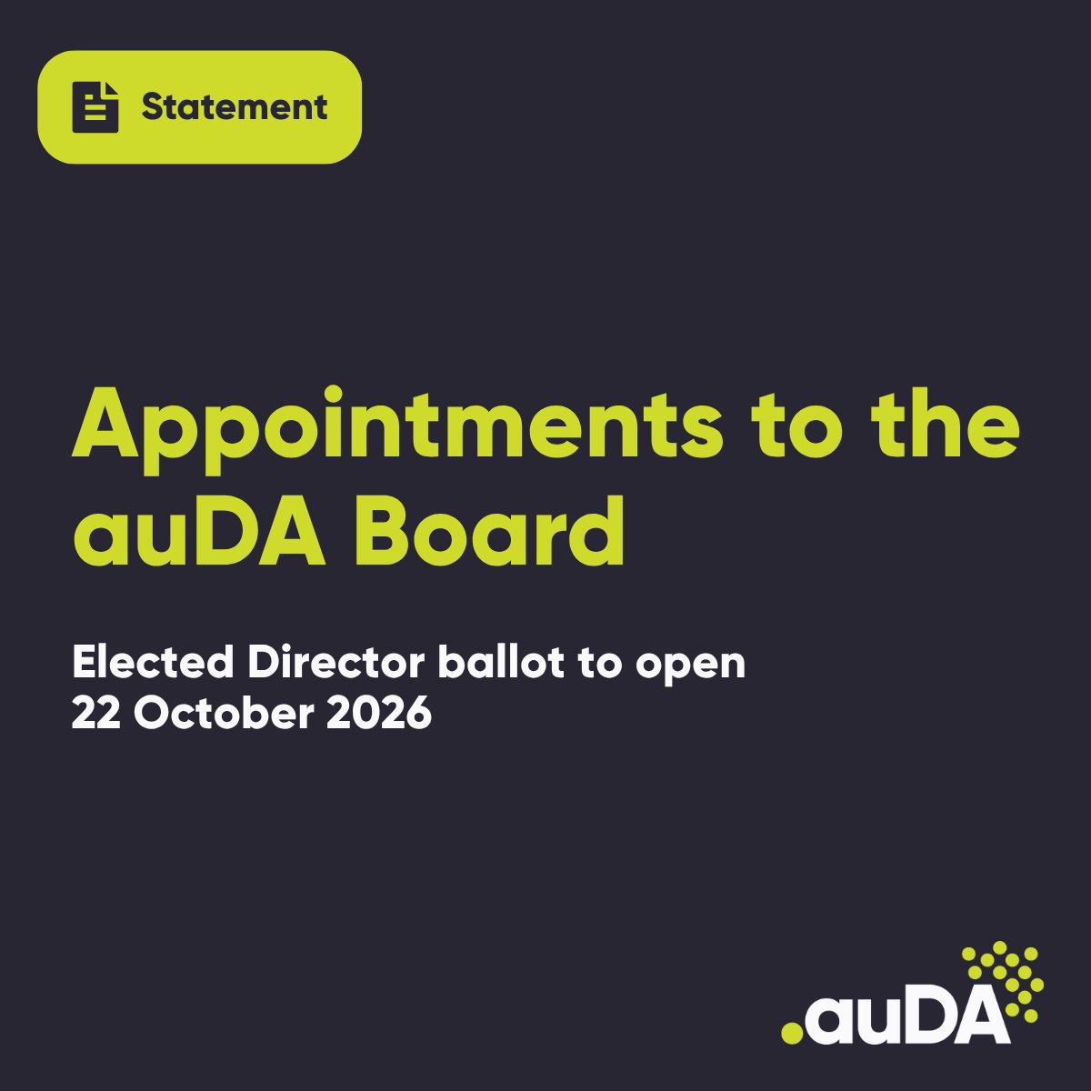 auda's tweet photo. The auDA Board of Directors is pleased to announce the appointment of Min Livanidis and reappointment of Brett Fenton as Appointed Directors to the auDA Board selection of two candidates for auDA’s upcoming Elected Director Ballot.

Read our statement: https://t.co/l71tcnlQiQ https://t.co/HDmYnmW6W7