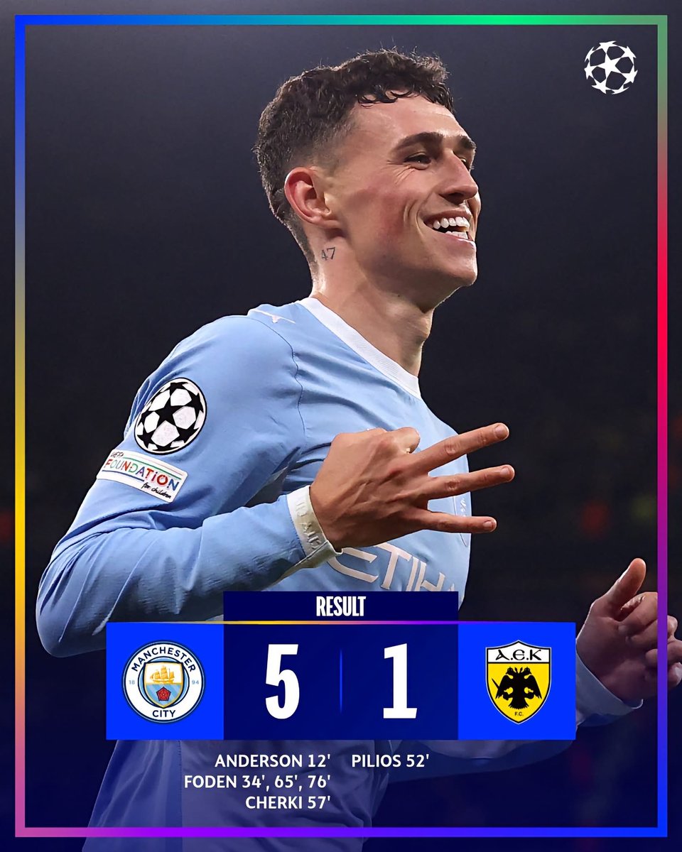 FDD2026's tweet photo. Manchester City thrashed AEK Athens 5-1 on Tuesday at the Etihad Stadium in their Matchday 3 fixture of the 2026–27 UEFA Champions League, powered by a stellar Phil Foden hat-trick.
#UCL #manchestercity #AEKAthens https://t.co/L6hO2x2e4k