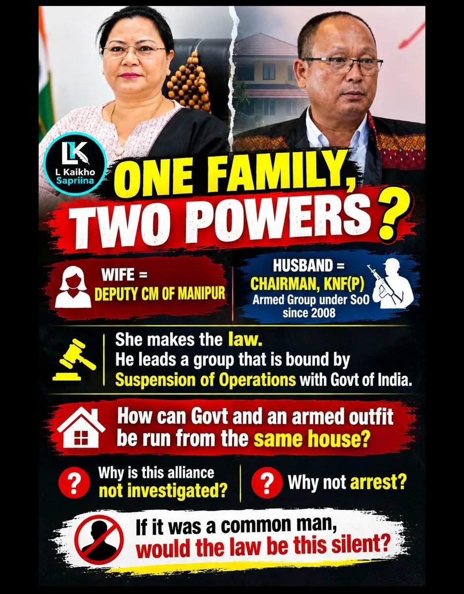 achumbagi_marup's tweet photo. The most powerful couple in India. @BJP4India @RSSorg choose Militant leader's wife as Deputy CM of Manipur. Her husband group is immune from any form of Indian Army operation. @adgpi @Spearcorps @official_dgar. @narendramodi is still silent. @VladAdiReturns @MNageswarRaoIPS https://t.co/qAiHb9OG3D
