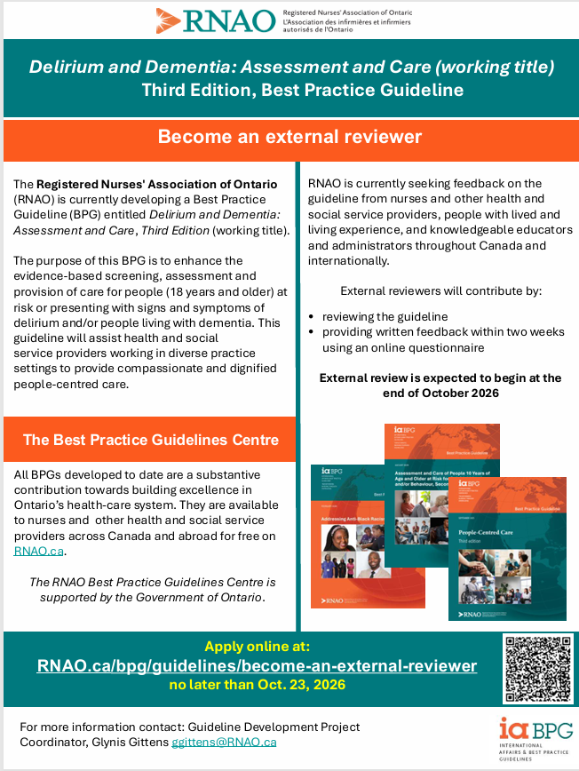 RNAO's tweet photo. Nurses &amp; others members of the interprofessional team: Become an external reviewer &amp; help develop RNAO's upcoming Delirium and Dementia: Assessment and Care best practice guideline. 
Learn more and apply by Oct. 23: https://t.co/nkeC1rDWXF https://t.co/ivXQy0RXMD