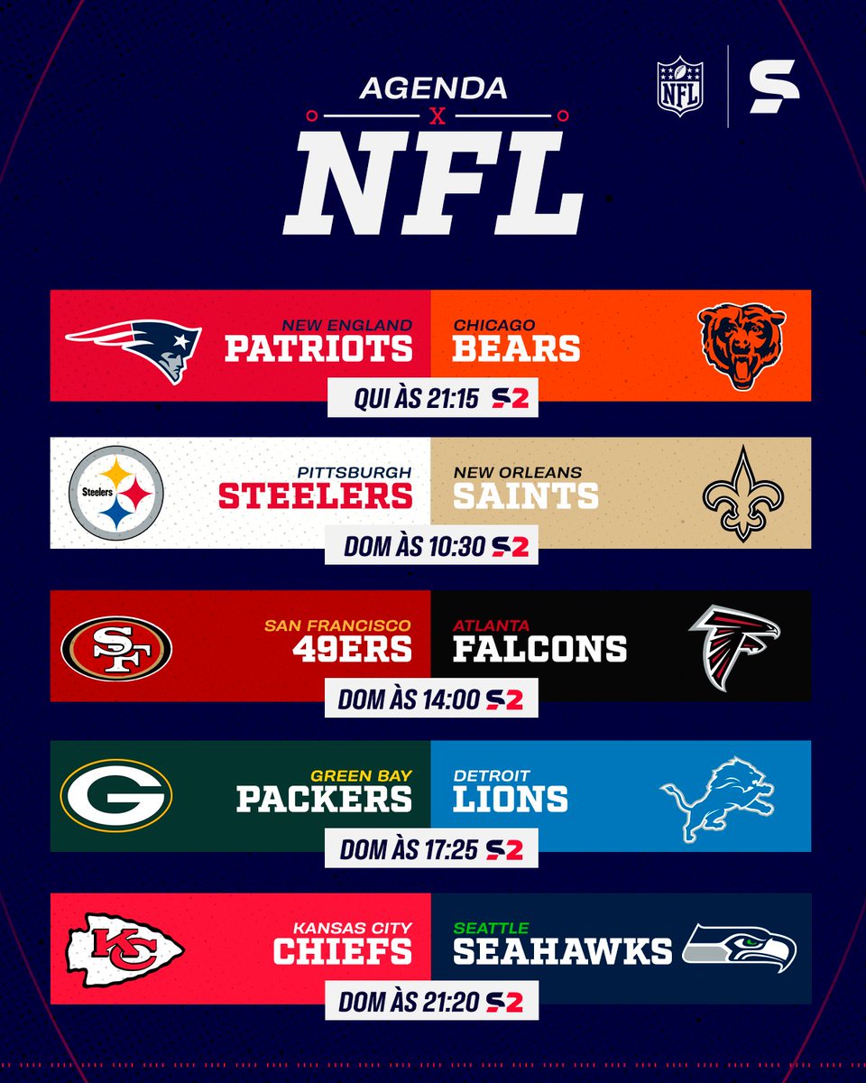 sportv's tweet photo. SEMANA 7 JÁ TÁ VINDO! 🏈🔥

A NFL não para e a Semana 7 já tem data para começar! Quinta-feira (22) tem jogão para abrir os trabalhos, e no domingo (25) são mais quatro partidas para você acompanhar tudo no sportv. Já anota na agenda e vem com a gente! 📺

*Contém texto alternativo.

#NFLnoSportv #Semana7 #Patriots #Packers #NFL