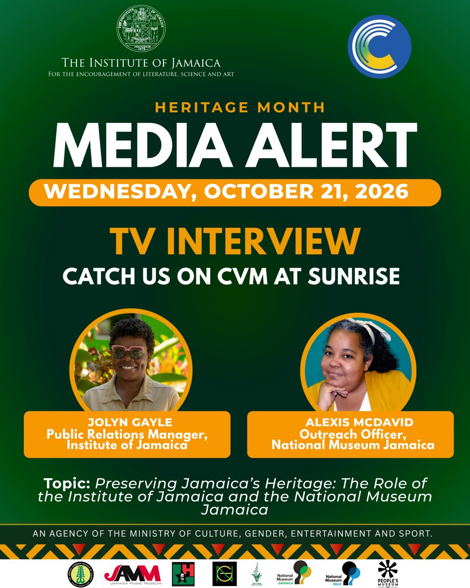 IoJ_jamaica's tweet photo. Catch us on CVM at Sunrise tomorrow, Wednesday, October 21, as Jolyn Gayle, Public Relations Manager at the Institute of Jamaica, and Alexis McDavid, Outreach Officer at National Museum Jamaica, discuss our role in preserving Jamaica’s heritage.
#HeritageMonth #CVMAtSunrise https://t.co/peHBcki0km