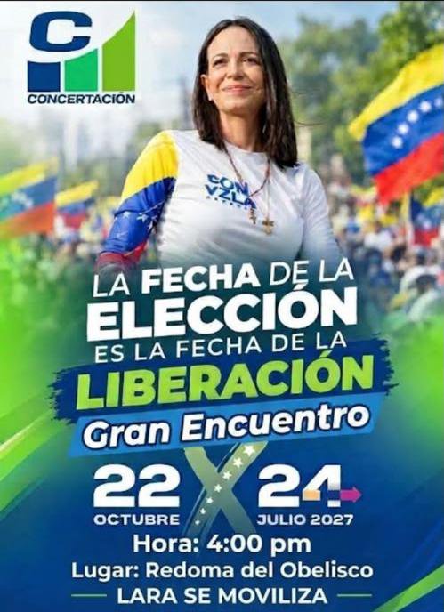 ConCesar's tweet photo. VEN este jueves 22 de octubre. Barquisimeto se moviliza por:

✅ El retorno de @MariaCorinaYA
✅ Por una fecha y cronograma electoral claros 
✅ Por la libertad plena de todos los presos políticos 

Hora: 4 PM
Lugar: Redoma El Obelisco. Barquisimeto 
#SetTheDate #RompiendoCadenas https://t.co/83OKM7FNg4