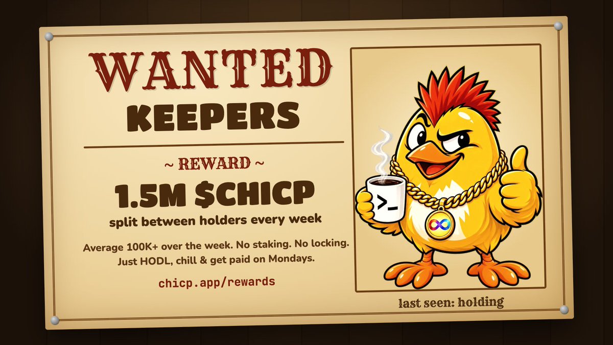 CHICPapp's tweet photo. HODL $CHICP, chill &amp; get paid  🐥💦 

1.5M CHICP split between holders every week. no staking, no locking, just keep 100K+ in your wallet.

We're looking for keepers  👇 https://t.co/YNdqZmjNdN