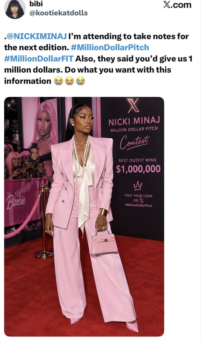 NICKIMINAJ's tweet photo. Ok so there were more than 4 winners. These are my first 4. The next couple posts will have a poll so you guys can help me choose the rest!  Congratulations!!!!! #MillionDollarPitch #MillionDollarFit You’ll be sent a few dollars. Don’t spend it all in one place 🎀 https://t.co/ITyhIK5ItM