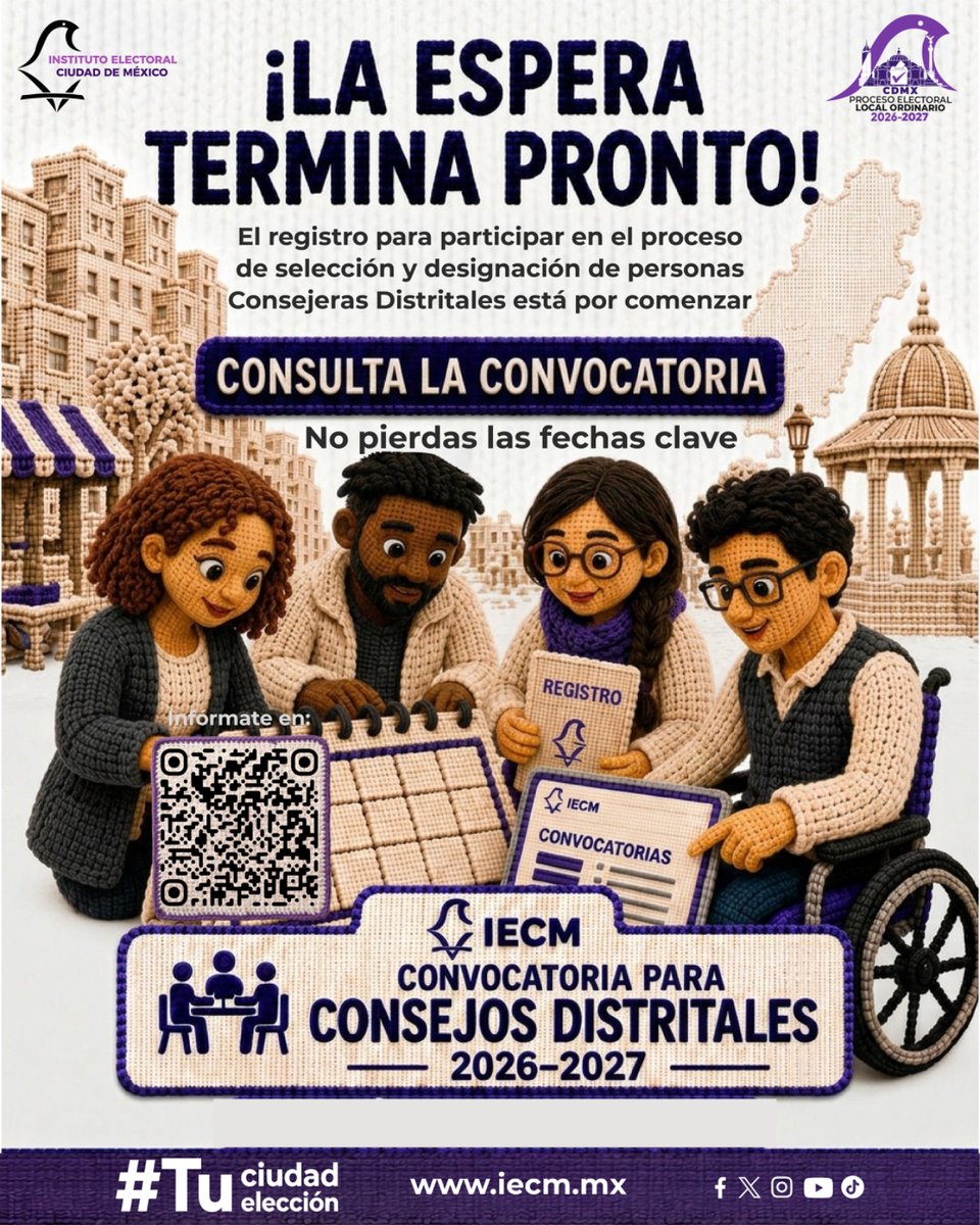Distrito27IECM's tweet photo. ¿Quieres ser parte de la próxima elección? El IECM te invita a participar en la integración de los Consejos Distritales del Proceso Electoral 2026-2027. Consulta la convocatoria.

#TuCiudadTuElección https://t.co/7MDlGy8xlr