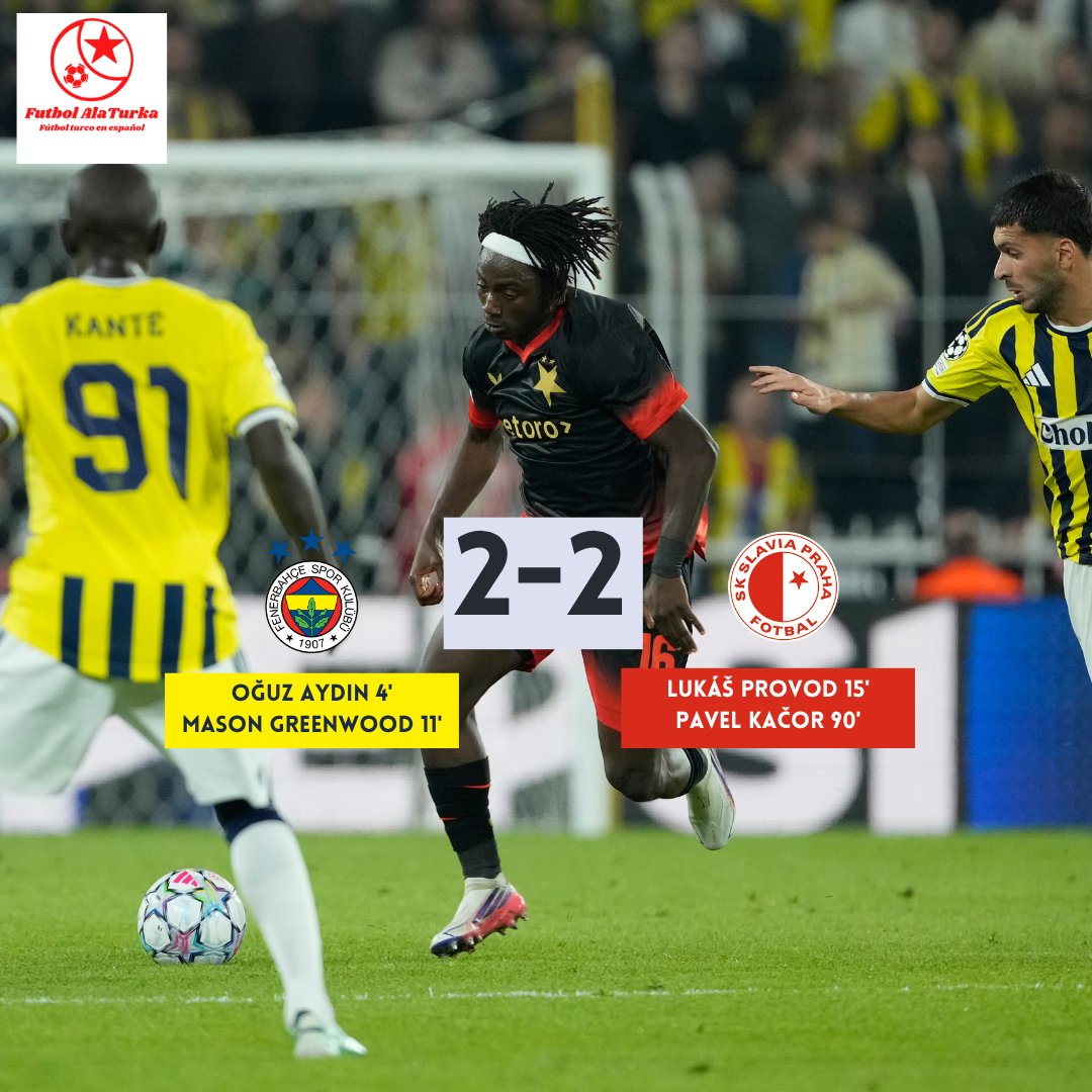 futbolalaturka1's tweet photo. Empate entre canarios y el conjunto checo donde siguen sin levantar los de Kadıköy y mostrando un nivel muy por debajo de lo esperado en Champions. Goles de Aydın, Greenwood, Provod y Kačor.
#FBvSLP
#FUTALATUR https://t.co/IAnf53o21l