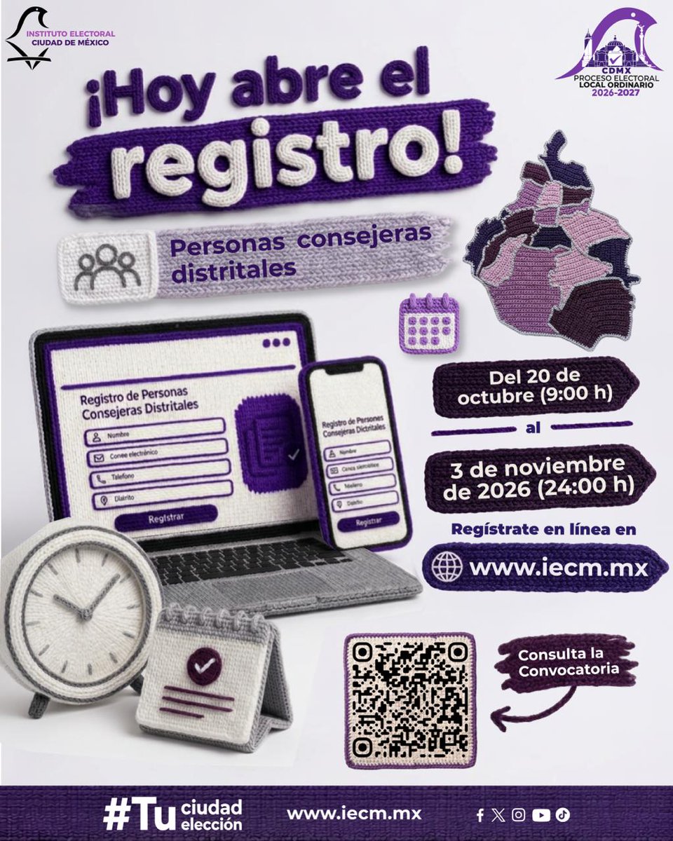 Distrito27IECM's tweet photo. ¡Inició el Registro!
El #IECM invita a la ciudadanía interesada en participar en la integración de los Consejos Distritales.
Consulta las bases, requisitos y fechas del proceso de selección.
¡¡Conoce más información y participa!!

#TuCiudadTuElección https://t.co/XTE0TDYbIJ