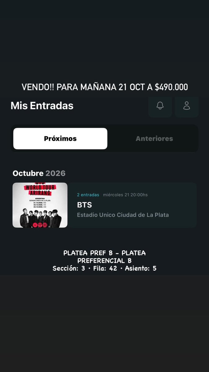 minsunghl's tweet photo. vendo entrada para bts 21 de octubre platea preferencial b $490.000 !!! mi hna se siente mal y no puede ir 😞 o puedo cambiar por una entrada para el 24 https://t.co/9e6vR04Fm5
