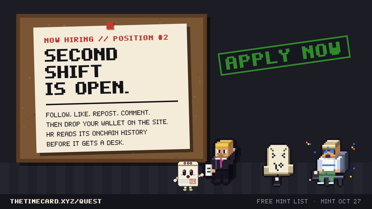 thetimecard's tweet photo. The Second Shift is open.

follow, like and repost, then apply at https://t.co/YdsLUjrA0b https://t.co/psmcucu4Rz