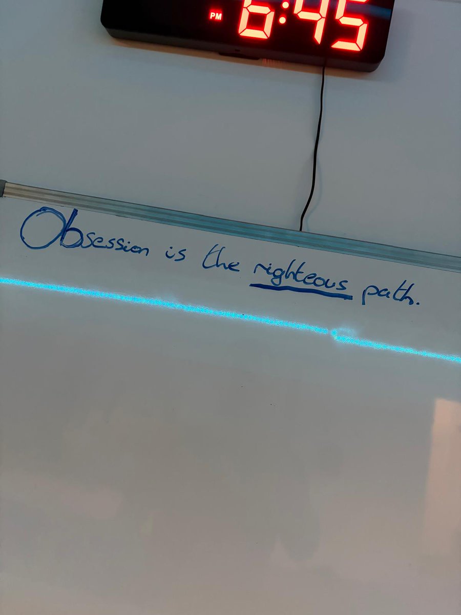 TheJacobKelly's tweet photo. The most selective startup program in the world is @hf0 ... this is written on the whiteboard in their gym:

"Obsession is the righteous path."

🧵 https://t.co/KYFnm0xHiY