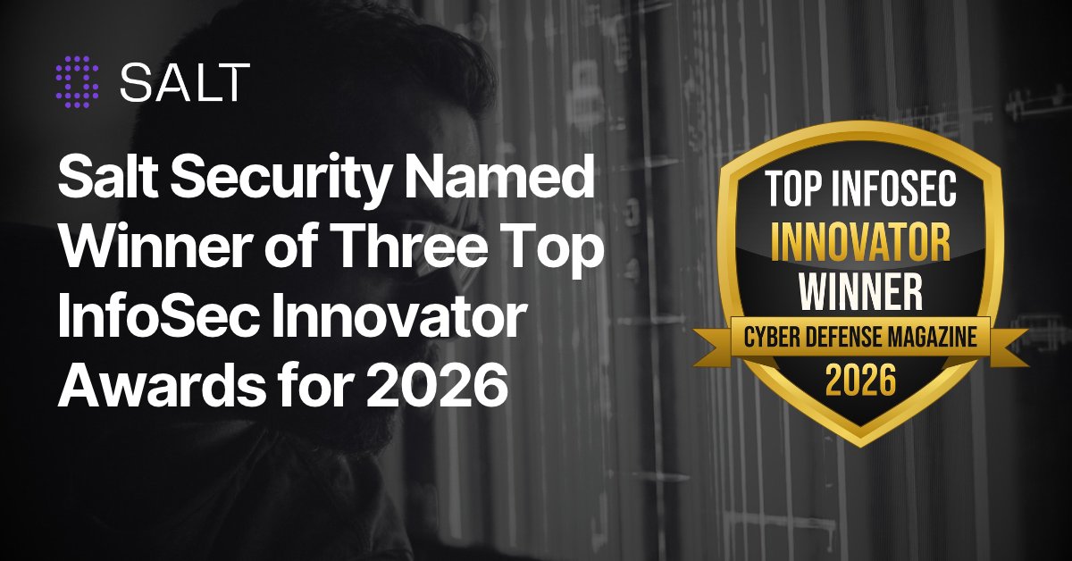 SaltSecurity's tweet photo. We’re very excited to announce that Salt Security has been named a winner of the Coveted Top InfoSec Innovator Awards for 2026!

We’ve been recognized across three categories in @cyberdefensemag 's 14th Annual InfoSec Awards at CyberDefenseCon 2026:
🏅 Most Promising Agentic AI Security Solution
🏅 Trailblazing AI-based Cybersecurity Innovation
🏅 Transformational API Security Solution

See the entire list: https://t.co/u7oxaJhHPo
Read the full story: https://t.co/HmDSyg31TY

Behind every milestone is a team of diligent people pushing the boundaries of what’s possible. Thank you so much to our incredible employees, customers, and partners 💜