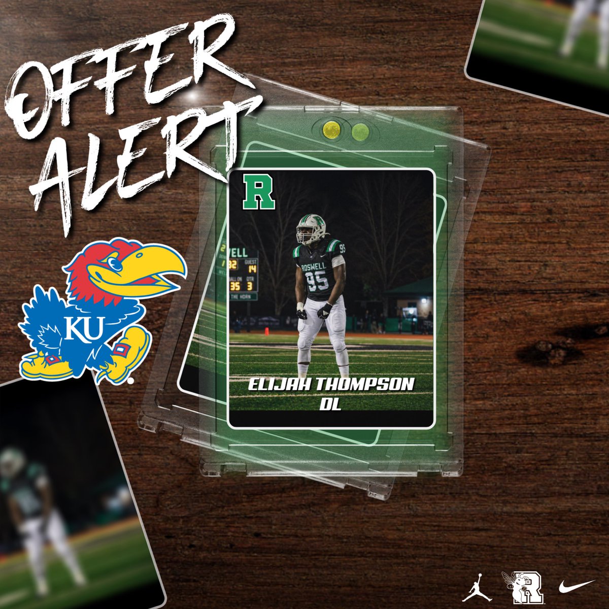Roswell_FB's tweet photo. 🚨🚨OFFER ALERT🚨🚨

DE Elijah Thompson @_ET93 earns an offer from the University of Kansas ‼️

#ELITE https://t.co/ETc0m6nDUF