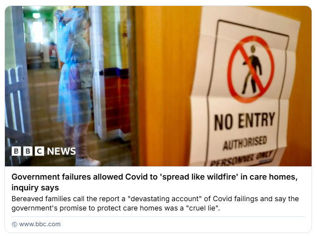 BigBadDenis's tweet photo. 🇬🇧UK "Government failures allowed COVID to 'spread like wildfire' in care homes, inquiry says"

"The COVID pandemic 'totally disrupted' lives in care homes and had a 'devastating impact' - over 43,000 deaths involving COVID occurred in care homes between March 2020 and July 2022" https://t.co/PVRSoT2yx3