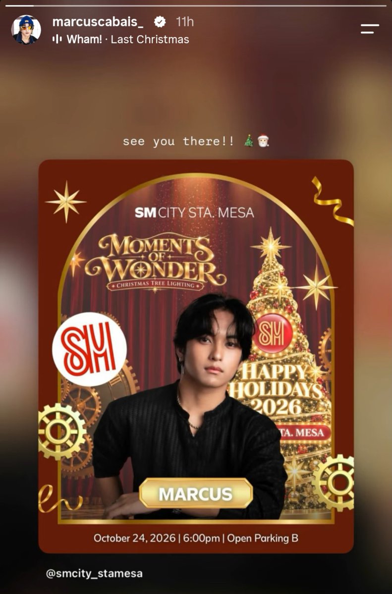 MarcusGlobal_'s tweet photo. see you there!! 🌲🎅🏻

📅 October 24, 2026 | 6:00 PM
📍 Open Parking B, SM City Sta. Mesa

#MARCUS #MarcusRayden
#MomentsOfWonders #SMCityStaMesa #ChristmasTreeLighting #GalaToTheMax https://t.co/q0mz1lUDJj