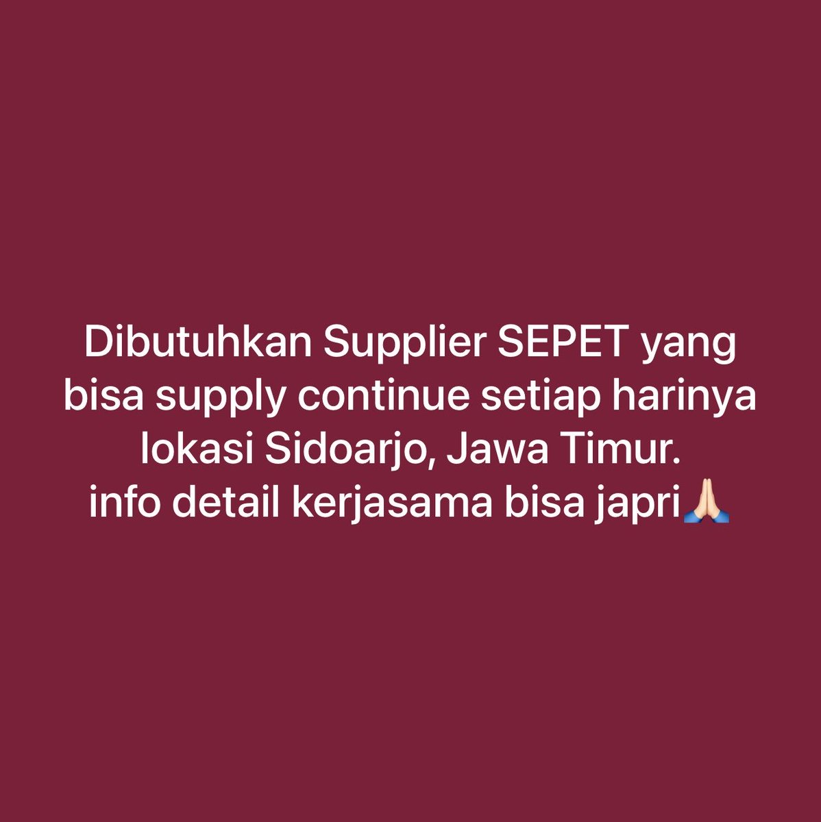 dhilxa's tweet photo. GUYSSSS AYO CUAN BERSAMA!
Ada yang bisa jadi rantai pemasok pabrikku ga? Aku butuh sepet setiap harinya, sehari mungkin butuh 3ton sepet🙏🏻 https://t.co/gdkFks9ZZM