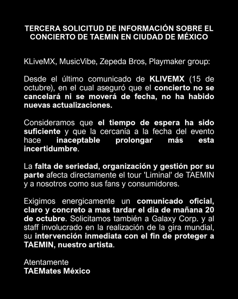latamshinee's tweet photo. [URGENTE 🇲🇽]

🔺️Seguimos exigiendo un comunicado oficial sobre el concierto en CDMX para tranquilidad de los fans y protección de #TAEMIN!

 ✅️RT PARA DIFUNDIR

@ZepedaBros @Tixr_ @AtencionProfeco @Profeco @Taemin_Xoalsox_ @TAEMIN_STAFF 

#NeedAnswersNow_Liminal_CDMX
#RespectTAEMates
#Claridad_Liminal_TAEMIN_CDMX
#LaInformaciónEsUnDerecho