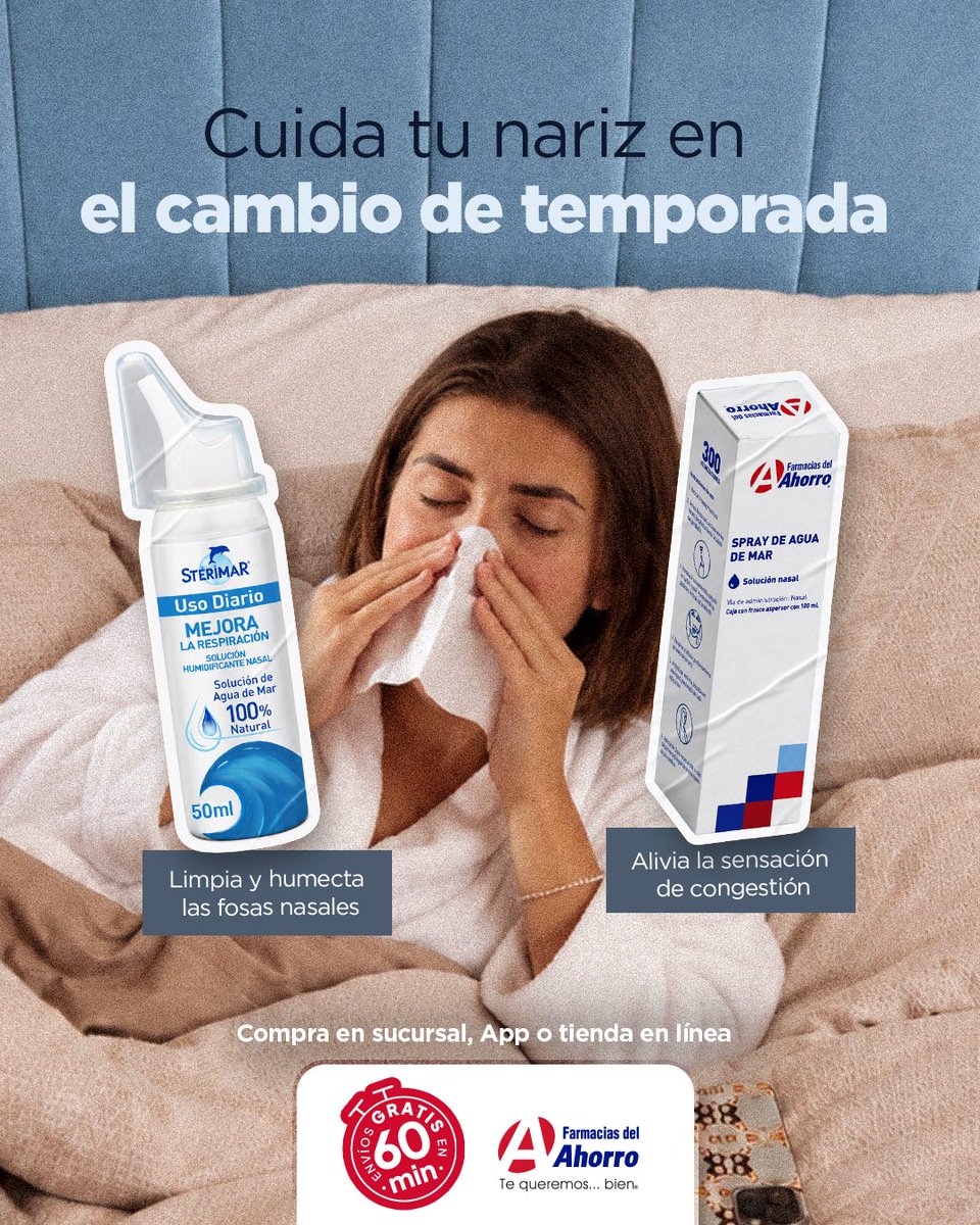 FAhorro's tweet photo. El cambio de temporada también puede sentirse en la nariz. ❄️ Compra tus esenciales en sucursal, App o tienda en línea. 🛍️

#FarmaciasDelAhorro #TeQueremosBien #Resfriado https://t.co/alkpSshdOL