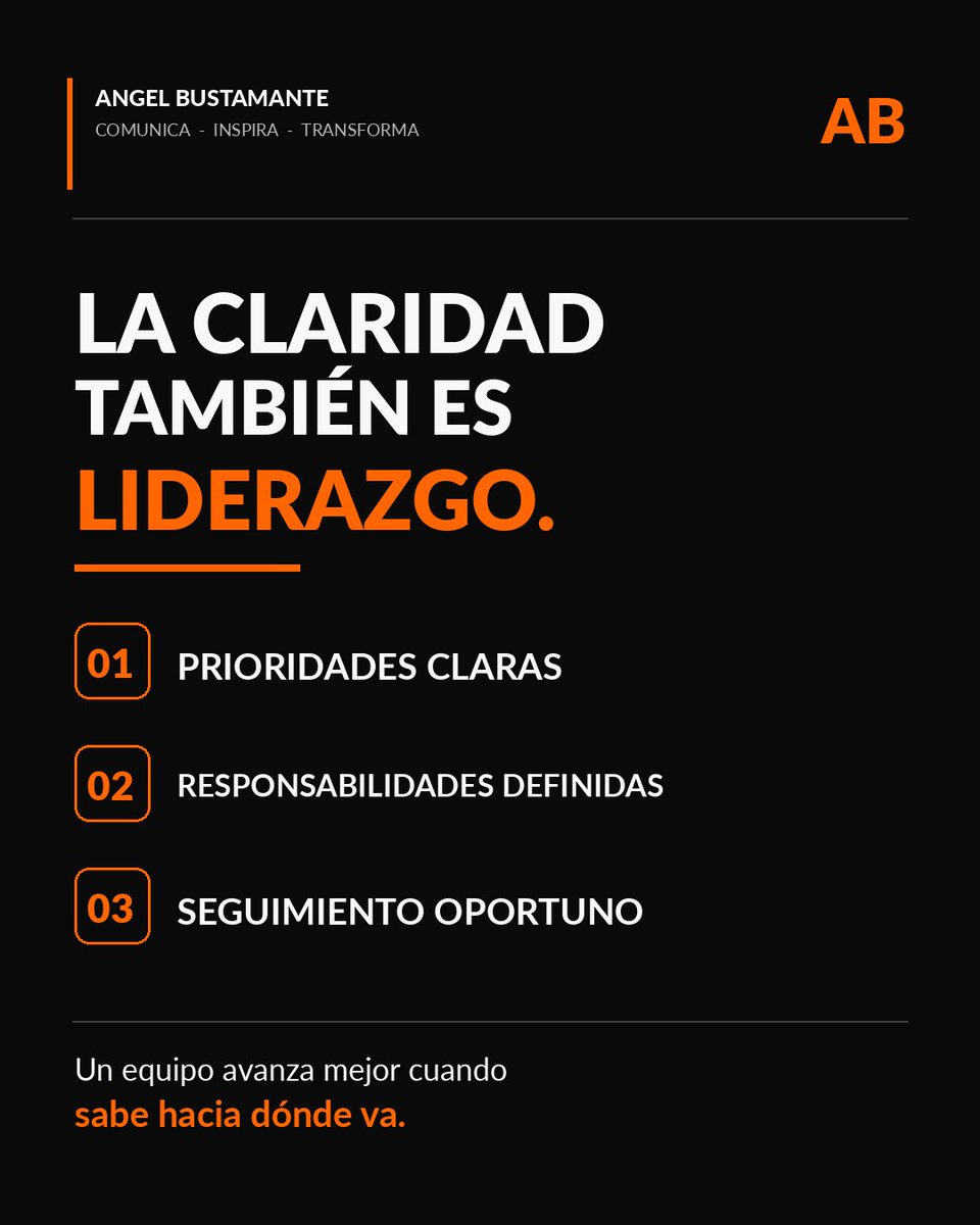abustamanteok's tweet photo. Un equipo necesita tres cosas de su líder:

Prioridades claras.
Responsabilidades definidas.
Seguimiento oportuno.

Sin estos elementos, incluso un buen equipo puede trabajar mucho y avanzar poco.

Liderar también significa generar claridad, confianza y dirección. https://t.co/xksuo3ZmPA