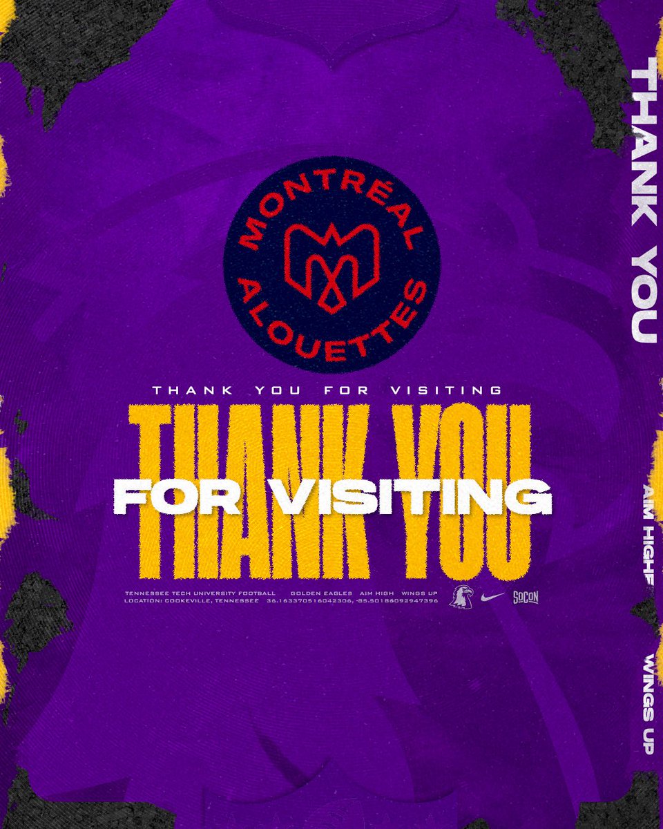 TNTechFootball's tweet photo. Thank you for visiting @MTLAlouettes ‼️

#AimHigher | #WingsUp https://t.co/aMrNoy44iG