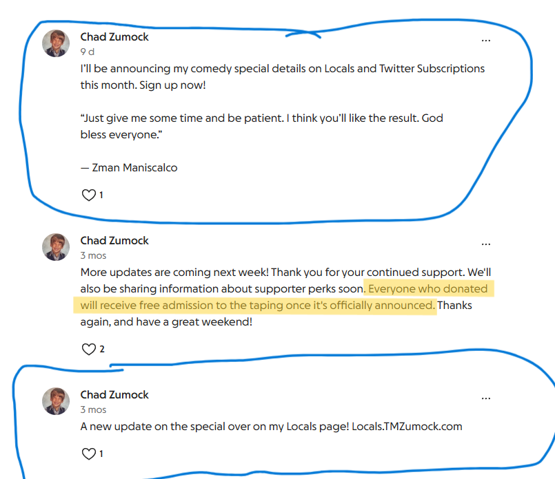 chadboozemock's tweet photo. Confirmed! @chadzumock is in damage control mode and deleting updates off his GFM page to hide his lies to donors! Is this attempt to also not have GFM reported and removed?
1st pic - snapshot during show / 2nd pic - Chad deleted update promising donors free admission https://t.co/RuIGn9ojIN