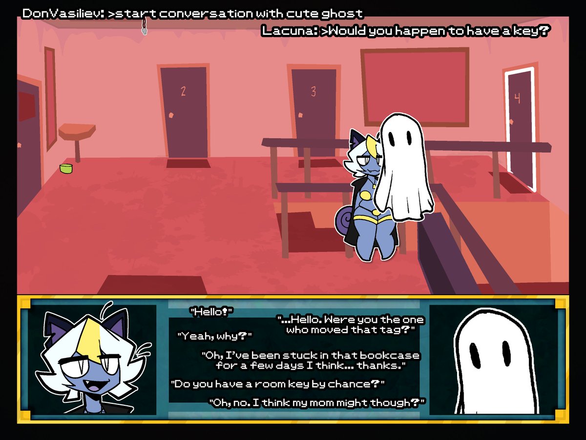 CorruptedCrypt's tweet photo. You ask your question... unsatisfied with the answer from the totally normal ghost lady, you go upstairs and find a much less puzzling ghost! https://t.co/d1XeWgzrOl