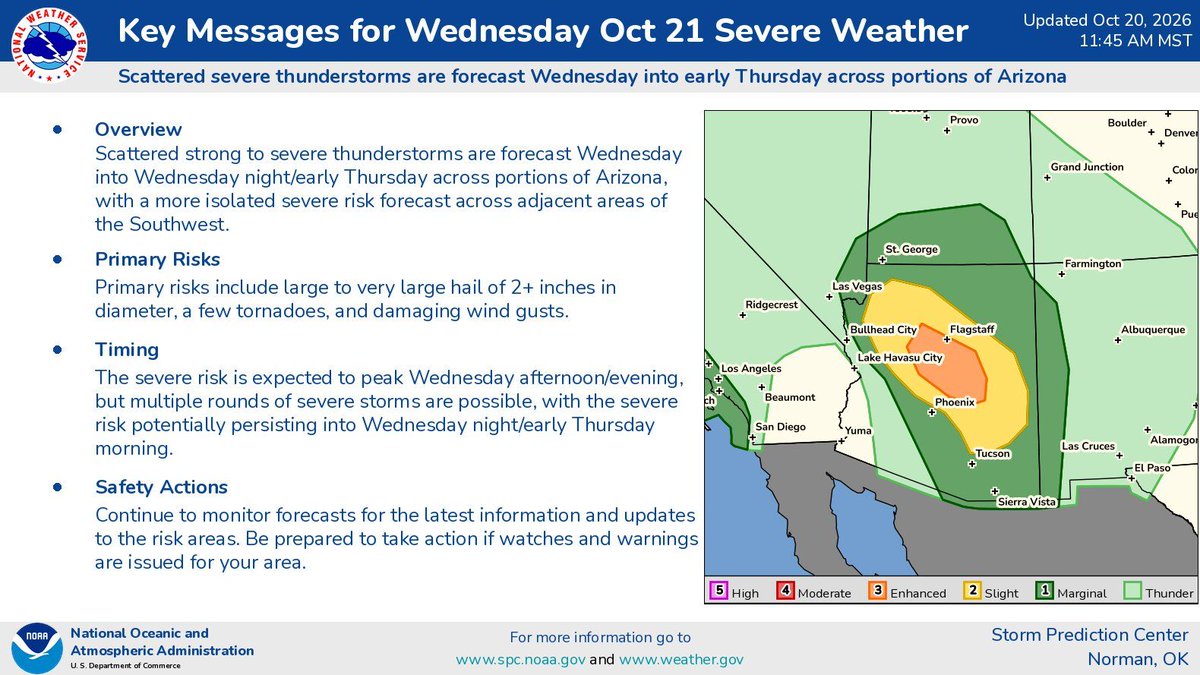 NWS's tweet photo. Severe thunderstorms including large hail and tornado risks are expected on Wednesday especially across Arizona and nearby parts of the Four Corners area and Lower Colorado River Valley. A localized severe risk may also exist along the coast of central/southern California. https://t.co/edt77Tv9Ww