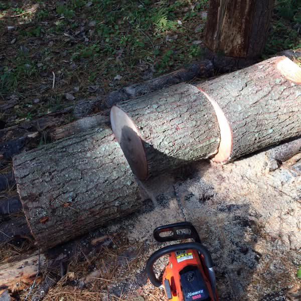 o2pine's tweet photo. 所山の小屋の備品は現地生産、マツの丸太でスツールを作った。道具はチェンソーだけ、簡単、単純。 https://t.co/ofntrbNaXi