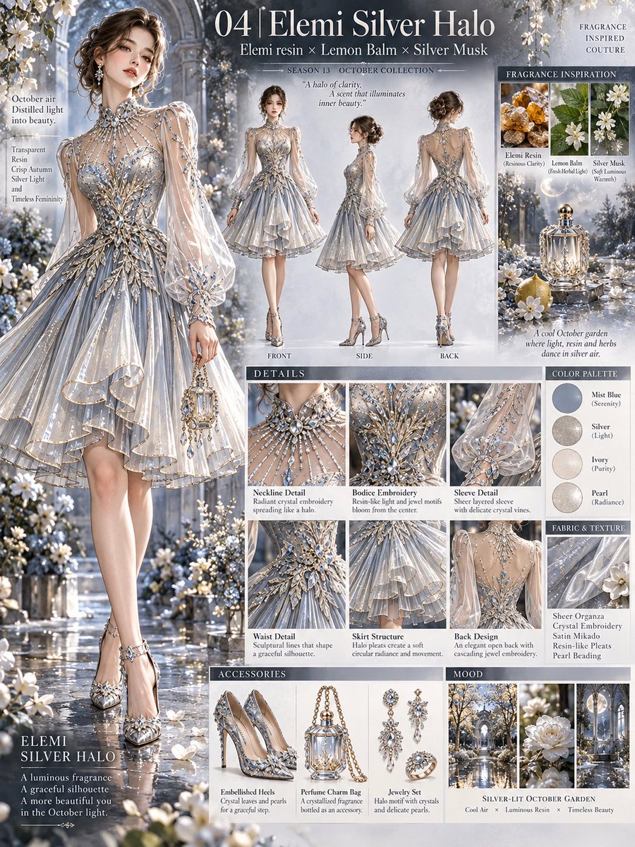 tarotaro_mgm's tweet photo. 👗AI衣装デザイン図鑑👗
💎🧴 megumix 
　　　　　　Fragrance Couture 
　　　　　　　　Collection Season 13 🧴💎
October Enchanting Beauty
― 香りに心を奪われ、美しさに時を忘れる。―

エレミ・シルバー・ハロー
ELEMI SILVER HALO
A Halo of Clarity and Timeless Beauty
004/010

テーマ
10月の澄んだ空気と銀色の光を纏う、
気品あふれるフレグランスクチュール。
エレミの透明感とレモンバームの爽やかさを、
繊細な宝石刺繍と優雅な膝丈ドレスで表現。
静かな輝きが内面の美しさを引き立てる、
幻想的な一着です。

特徴
💠 宝石が輝くハイネックカラー
❄️ 銀の枝模様を描く立体ビスチェ
🪽 透明感のあるロングパフスリーブ
👗 膝丈の多層フレアスカート
✨ 背面Vラインと流れるクリスタル刺繍

※プロンプトは下にあります
❤️ いいね・RP・保存で
応援していただけると励みに
なります！※他の衣装シリーズも
プロフィールからご覧いただけます

#FragranceCoutureCollection13 
#MegumixCollection #AICostumeCreator

Dress the adult woman in the reference image in this exact silver couture dress. Preserve her face, hair, body and pose. Fitted mist-blue and silver satin bodice with a sweetheart neckline, intricate branching crystal embroidery, silver vines and large gemstones. High jeweled collar with delicate radiating crystal strands across the upper chest. Long transparent puff sleeves with embroidered vines and jeweled cuffs. Sculpted waist with silver floral appliques. Knee-length circular A-line skirt with layered asymmetric cascading flounces, silver-edged hems and a softly longer back. Preserve the original knee-length silhouette. Back: deep open V shape, crystal strands descending from the collar and branching silver embroidery around the waist. Silver crystal heels, drop earrings and a delicate ring. Elegant luminous couture, full-body fashion portrait, not a design sheet.