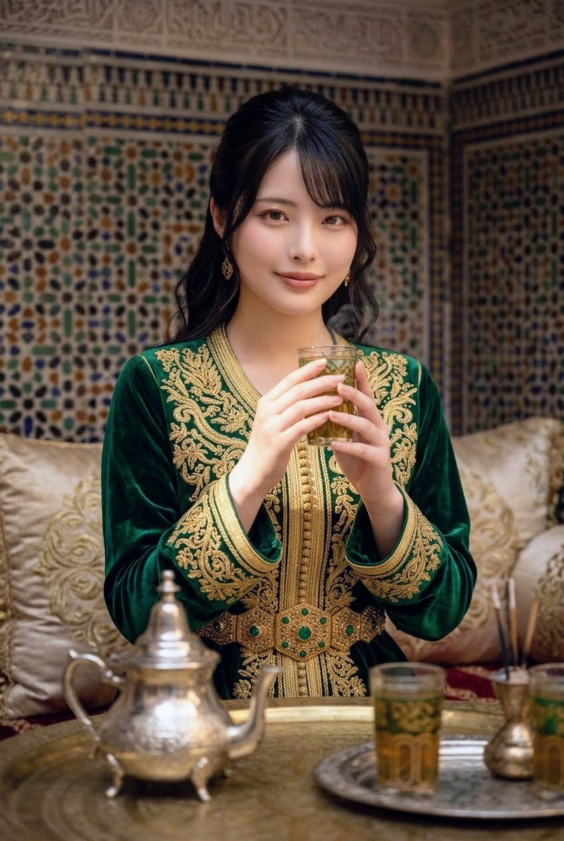 REI_AImodel's tweet photo. #REI民族衣装シリーズ 第5弾 🇲🇦
​モロッコの伝統邸宅『リヤド』にて。
金糸刺繍と深いエメラルドグリーンが美しい伝統ドレス『カフタン』を纏いました✨
​タイルの回廊でクルッと舞う姿も…凛とした表情と無邪気な瞬間、どっちがいいかな/// 🌿
#AI美女 ​#民族衣装 https://t.co/2LDoprItdt
