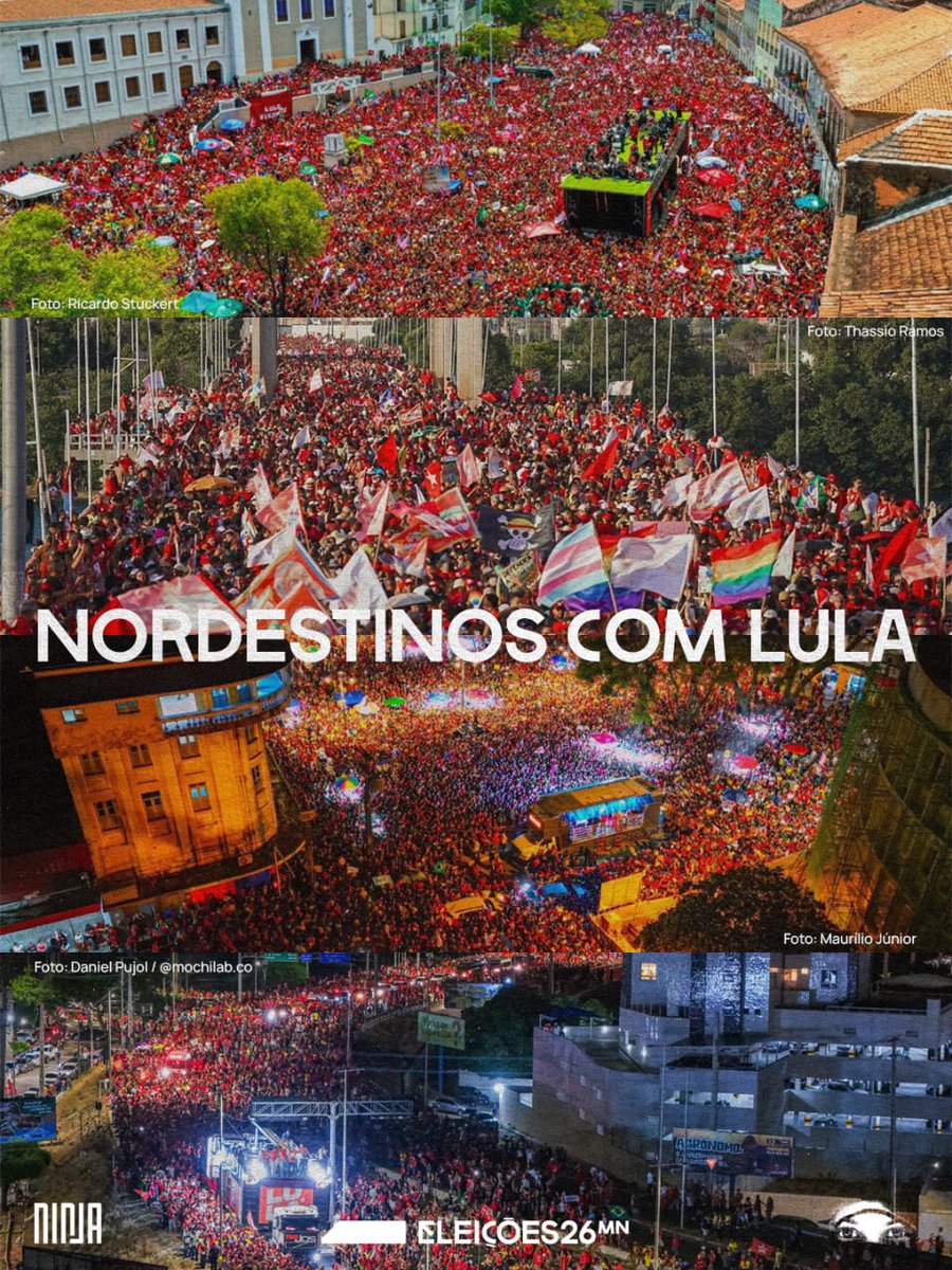 MidiaNINJA's tweet photo. O NORDESTE ESTÁ COM LULA!

Isso é o povo na rua por Lula hoje, 20 de outubro, em João Pessoa (PB), São Luís (MA), Petrolina (PE) e Juazeiro (BA).

Não adianta tentar mudar a realidade, o Lula fez muito pelo Nordeste e o Nordeste é Lula!

📸 São Luís: Ricardo Stukert
📸 João Pessoa: Maurílio Júnior
📸 Juazeiro: Thassio Ramos
📸 Petrolina: Daniel Pujol / @mochilab.co 

#NordestinosComLula