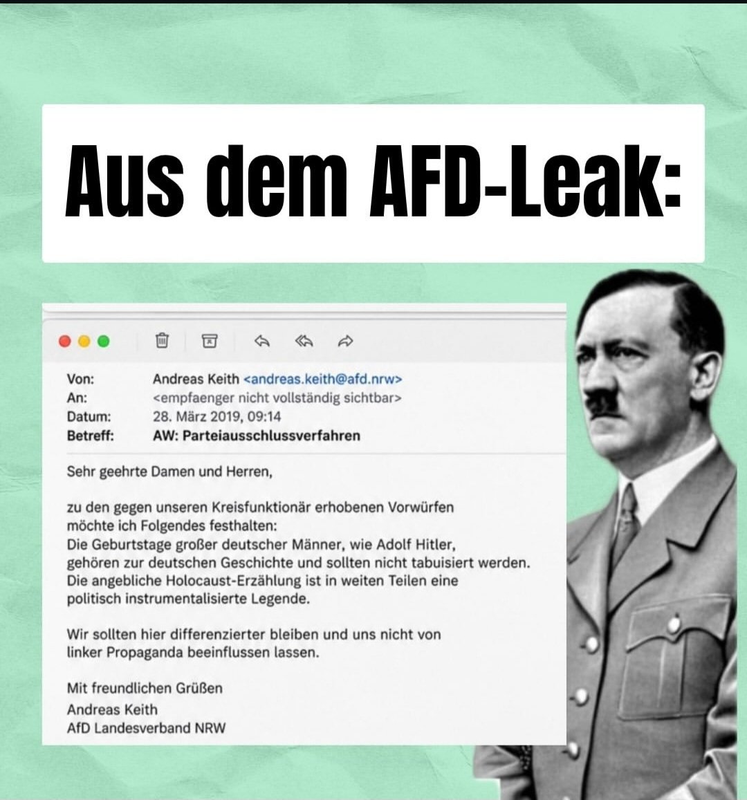 Klimakobold's tweet photo. Die ersten AfD-Leaks sind bekannt:
widerliche Mails voller Gewaltverherrlichung, Diskriminierung und Holocaustleugnung. Wer hätte das bloß ahnen können…

Wer jetzt noch immer die Augen schließt, trägt dazu bei, dass Faschismus bald wieder möglich ist.
#Mails #AfD #leaks #fckAfD https://t.co/ZY0NnSJrhg